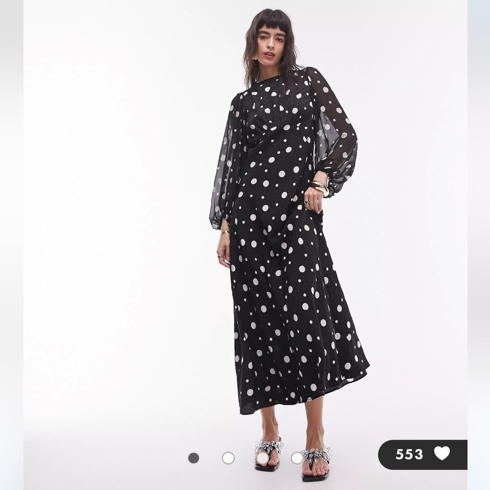Topshop | Gathered bust midi dress mono spot jacquard Black White Polka dot NEW